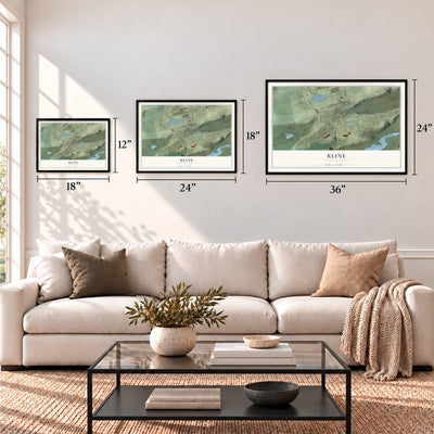 Kline, Pennsylvania map in 12 x 18, 18 x 24 and 24 x 36 inch sizes above a sofa