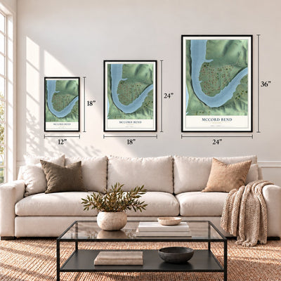 McCord Bend, Missouri map in 12 x 18, 18 x 24 and 24 x 36 inch sizes above a sofa