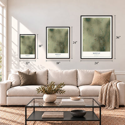 Moffat, Colorado map in 12 x 18, 18 x 24 and 24 x 36 inch sizes above a sofa