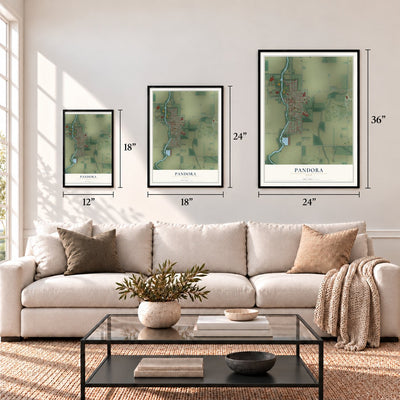 Pandora, Ohio map in 12 x 18, 18 x 24 and 24 x 36 inch sizes above a sofa