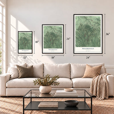 Millersville, Tennessee map in 12 x 18, 18 x 24 and 24 x 36 inch sizes above a sofa