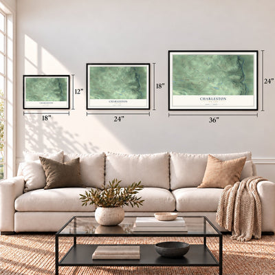 Charleston, New York map in 12 x 18, 18 x 24 and 24 x 36 inch sizes above a sofa