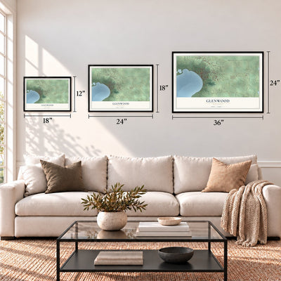 Glenwood, Minnesota map in 12 x 18, 18 x 24 and 24 x 36 inch sizes above a sofa