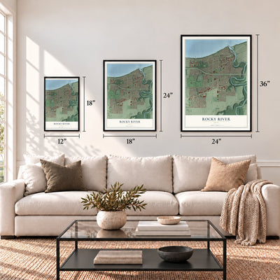 Rocky River, Ohio map in 12 x 18, 18 x 24 and 24 x 36 inch sizes above a sofa