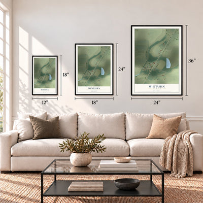 Minturn, Arkansas map in 12 x 18, 18 x 24 and 24 x 36 inch sizes above a sofa