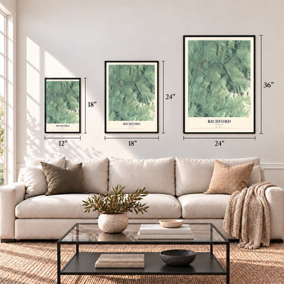 Richford, Vermont map in 12 x 18, 18 x 24 and 24 x 36 inch sizes above a sofa