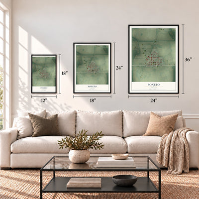Poneto, Indiana map in 12 x 18, 18 x 24 and 24 x 36 inch sizes above a sofa