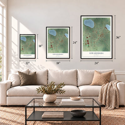 Edwardsburg, Michigan map in 12 x 18, 18 x 24 and 24 x 36 inch sizes above a sofa