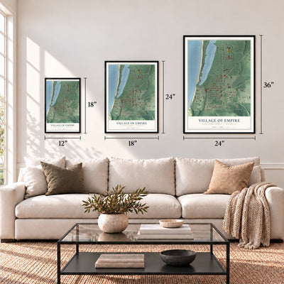Empire, Michigan map in 12 x 18, 18 x 24 and 24 x 36 inch sizes above a sofa