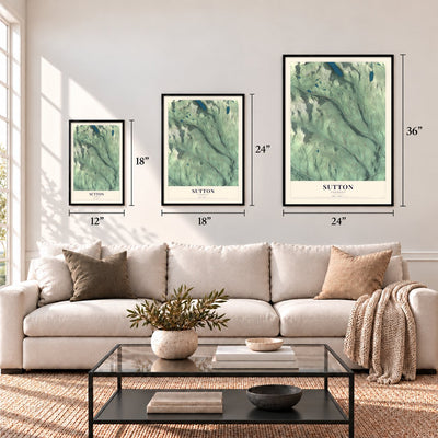 Sutton, Vermont map in 12 x 18, 18 x 24 and 24 x 36 inch sizes above a sofa