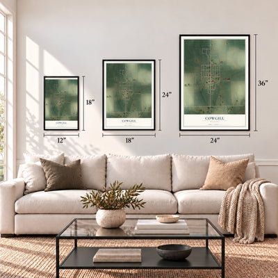 Cowgill, Missouri map in 12 x 18, 18 x 24 and 24 x 36 inch sizes above a sofa