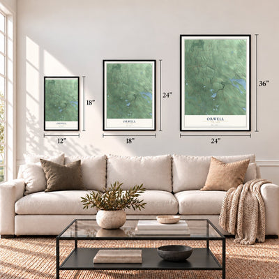 Orwell, New York map in 12 x 18, 18 x 24 and 24 x 36 inch sizes above a sofa