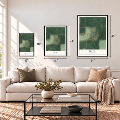 Fulton, South Dakota map in 12 x 18, 18 x 24 and 24 x 36 inch sizes above a sofa
