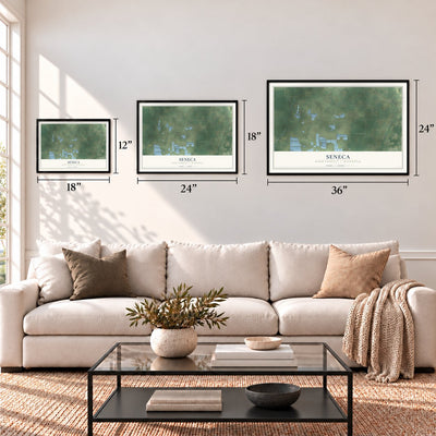 Seneca, Wood County, Wisconsin map in 12 x 18, 18 x 24 and 24 x 36 inch sizes above a sofa