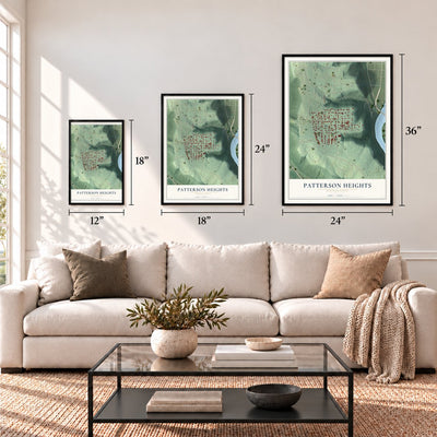 Patterson Heights, Pennsylvania map in 12 x 18, 18 x 24 and 24 x 36 inch sizes above a sofa