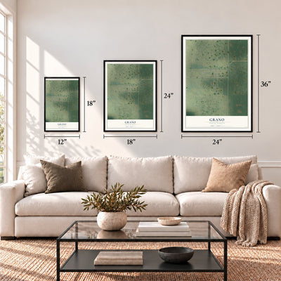 Grano, North Dakota map in 12 x 18, 18 x 24 and 24 x 36 inch sizes above a sofa