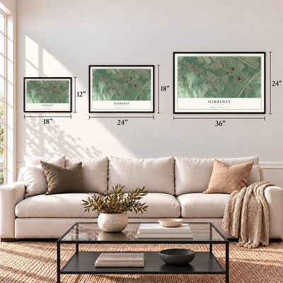 Harriman, New York map in 12 x 18, 18 x 24 and 24 x 36 inch sizes above a sofa