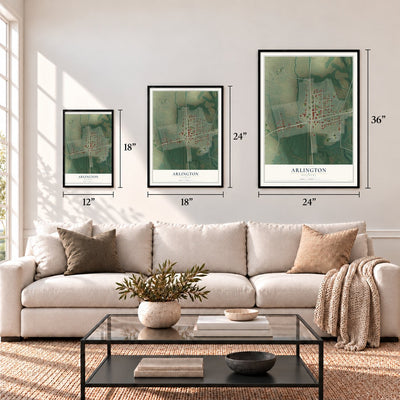 Arlington, Kentucky map in 12 x 18, 18 x 24 and 24 x 36 inch sizes above a sofa