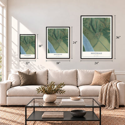 Huntsdale, Missouri map in 12 x 18, 18 x 24 and 24 x 36 inch sizes above a sofa
