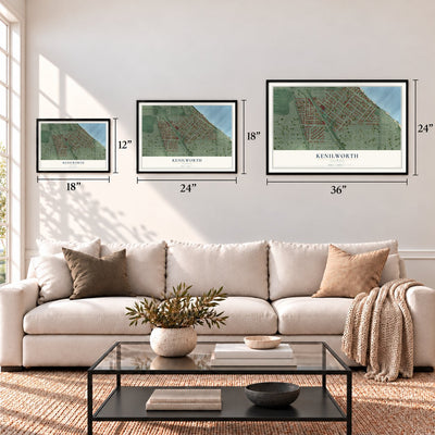 Kenilworth, Illinois map in 12 x 18, 18 x 24 and 24 x 36 inch sizes above a sofa