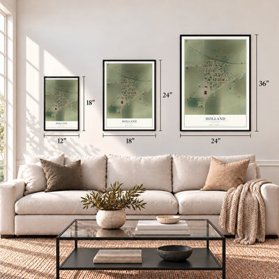 Holland, Missouri map in 12 x 18, 18 x 24 and 24 x 36 inch sizes above a sofa