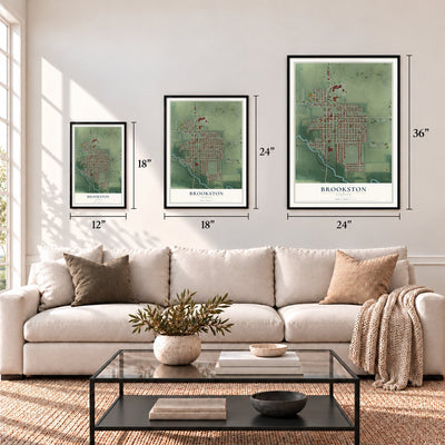 Brookston, Indiana map in 12 x 18, 18 x 24 and 24 x 36 inch sizes above a sofa