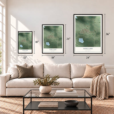Long Lake, South Dakota map in 12 x 18, 18 x 24 and 24 x 36 inch sizes above a sofa