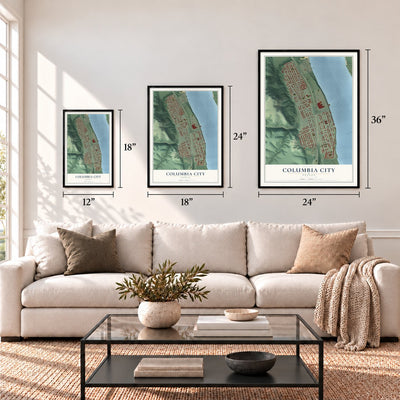 Columbia City, Oregon map in 12 x 18, 18 x 24 and 24 x 36 inch sizes above a sofa