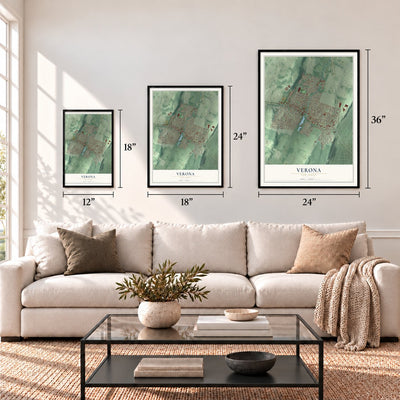 Verona, New Jersey map in 12 x 18, 18 x 24 and 24 x 36 inch sizes above a sofa
