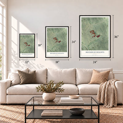 Buckhead Heights, Georgia map in 12 x 18, 18 x 24 and 24 x 36 inch sizes above a sofa