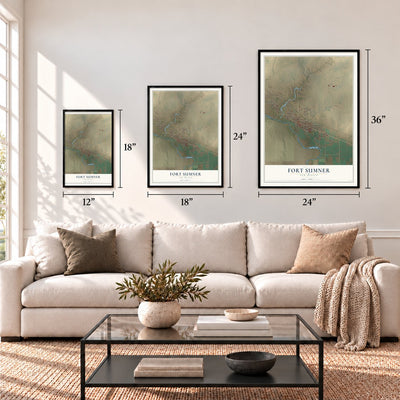 Fort Sumner, New Mexico map in 12 x 18, 18 x 24 and 24 x 36 inch sizes above a sofa