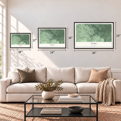 Stark, New York map in 12 x 18, 18 x 24 and 24 x 36 inch sizes above a sofa