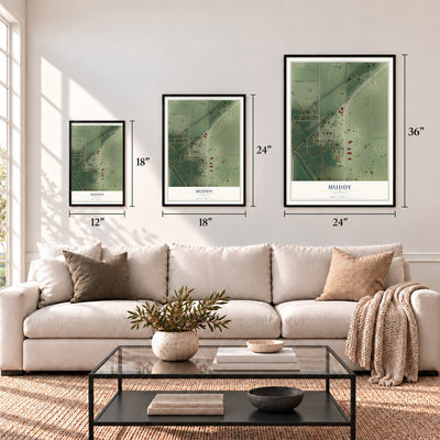 Muddy, Illinois map in 12 x 18, 18 x 24 and 24 x 36 inch sizes above a sofa