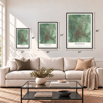 Meadville, Pennsylvania map in 12 x 18, 18 x 24 and 24 x 36 inch sizes above a sofa