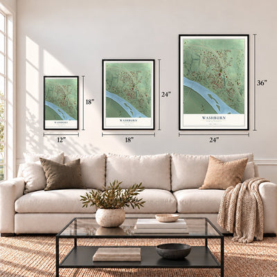 Washburn, North Dakota map in 12 x 18, 18 x 24 and 24 x 36 inch sizes above a sofa