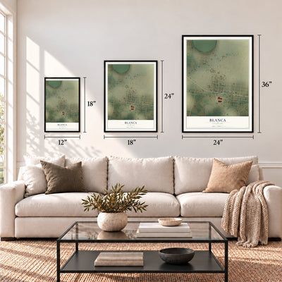 Blanca, Colorado map in 12 x 18, 18 x 24 and 24 x 36 inch sizes above a sofa