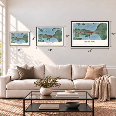 Spring Park, Minnesota map in 12 x 18, 18 x 24 and 24 x 36 inch sizes above a sofa