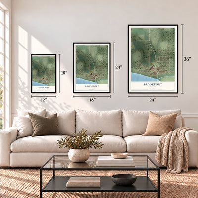Brookport, Illinois map in 12 x 18, 18 x 24 and 24 x 36 inch sizes above a sofa