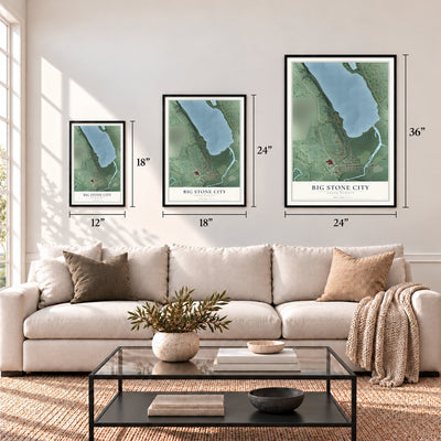 Big Stone City, South Dakota map in 12 x 18, 18 x 24 and 24 x 36 inch sizes above a sofa