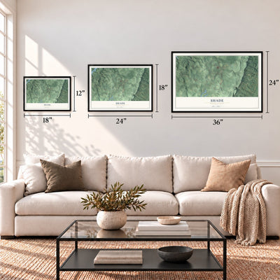 Shade, Pennsylvania map in 12 x 18, 18 x 24 and 24 x 36 inch sizes above a sofa