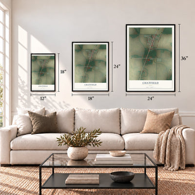 Chatfield, Ohio map in 12 x 18, 18 x 24 and 24 x 36 inch sizes above a sofa