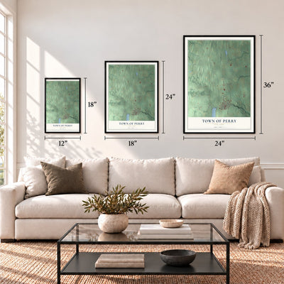 Town of Perry, New York map in 12 x 18, 18 x 24 and 24 x 36 inch sizes above a sofa