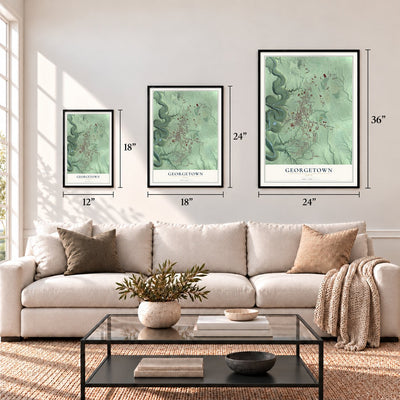 Georgetown, Ohio map in 12 x 18, 18 x 24 and 24 x 36 inch sizes above a sofa