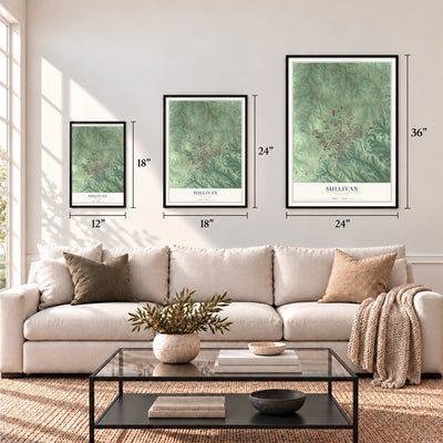 Sullivan, Missouri map in 12 x 18, 18 x 24 and 24 x 36 inch sizes above a sofa