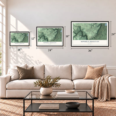 Mowbray Mountain, Tennessee map in 12 x 18, 18 x 24 and 24 x 36 inch sizes above a sofa