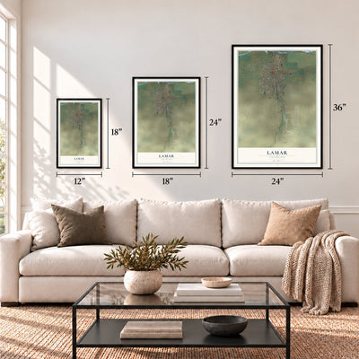 Lamar, Colorado map in 12 x 18, 18 x 24 and 24 x 36 inch sizes above a sofa