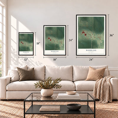 Woodland, Mississippi map in 12 x 18, 18 x 24 and 24 x 36 inch sizes above a sofa