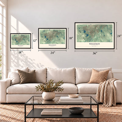 Wellesley, Massachusetts map in 12 x 18, 18 x 24 and 24 x 36 inch sizes above a sofa
