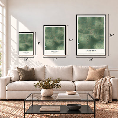 Bluffton, Minnesota map in 12 x 18, 18 x 24 and 24 x 36 inch sizes above a sofa
