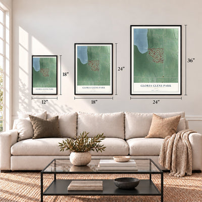 Gloria Glens Park, Ohio map in 12 x 18, 18 x 24 and 24 x 36 inch sizes above a sofa